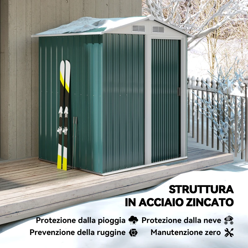 Outsunny Casetta da Giardino Porta Attrezzi in Acciaio con Tetto Inclinato e 4 Prese d'Aria, 152x132x188 cm, Verde