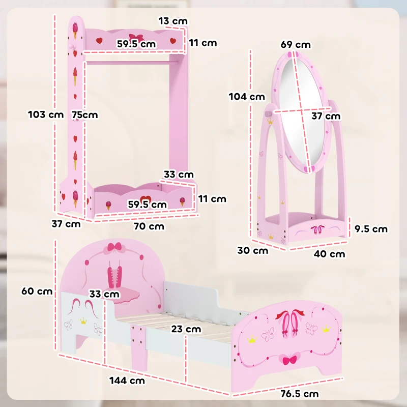 AIYAPLAY Kids Bed with Safety Rails, Kids Clothes Rail, Kids Full Length Mirror, 3 Piece Kids Furniture Set for Bedroom, Pink