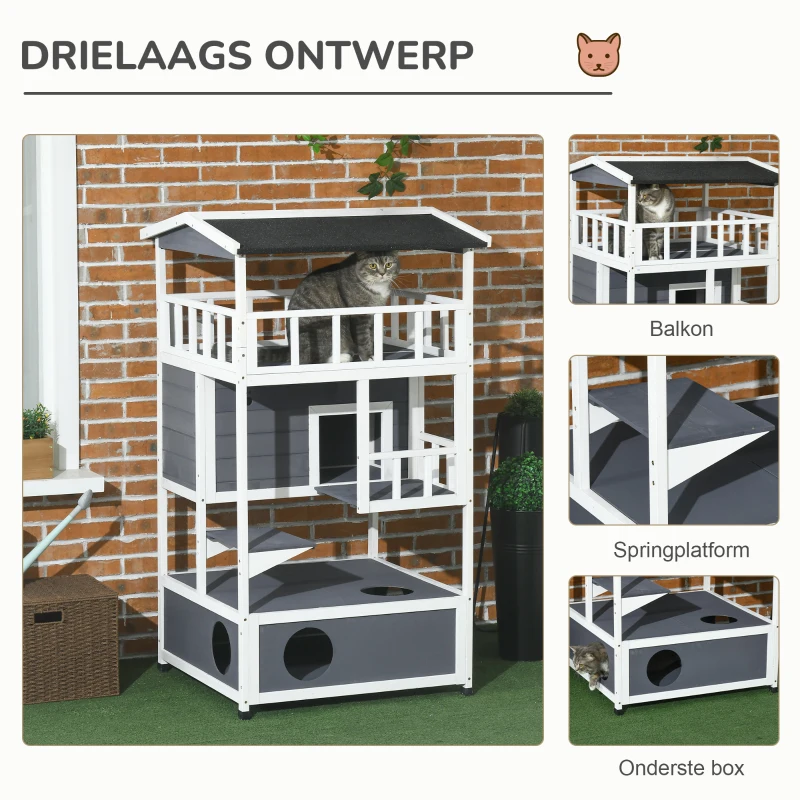 PawHut Kattenhuis voor buiten 4 Verdiepingen Met Balkon Asfaltdak Hout voor Dierenliefhebbers Grijs(m-4)