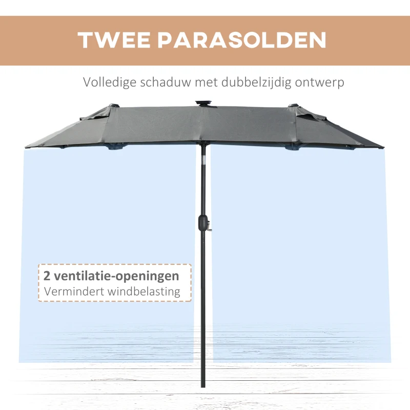 Outsunny dubbele zonwering, terrasscherm, kantelbaar, met zonnepaneel, 35 LED's, stalen frame, grijs, 2,95 x 1,50 x 2,19 m