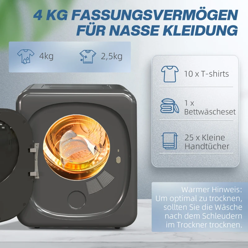HOMCOM Wasdroger met UV-Desinfectie, Compact Ontwerp, 4 kg Capaciteit, Roestvrij Staal, Grijs(m-5)