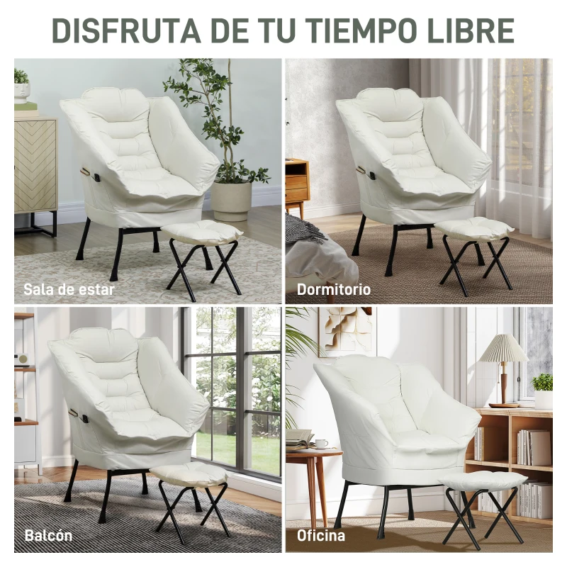 HOMCOM Sillón de Salón con Otomana Sillón de Relax con Bolsillos Laterales y Patas de Acero para Sala de Estar Dormitorio Crema