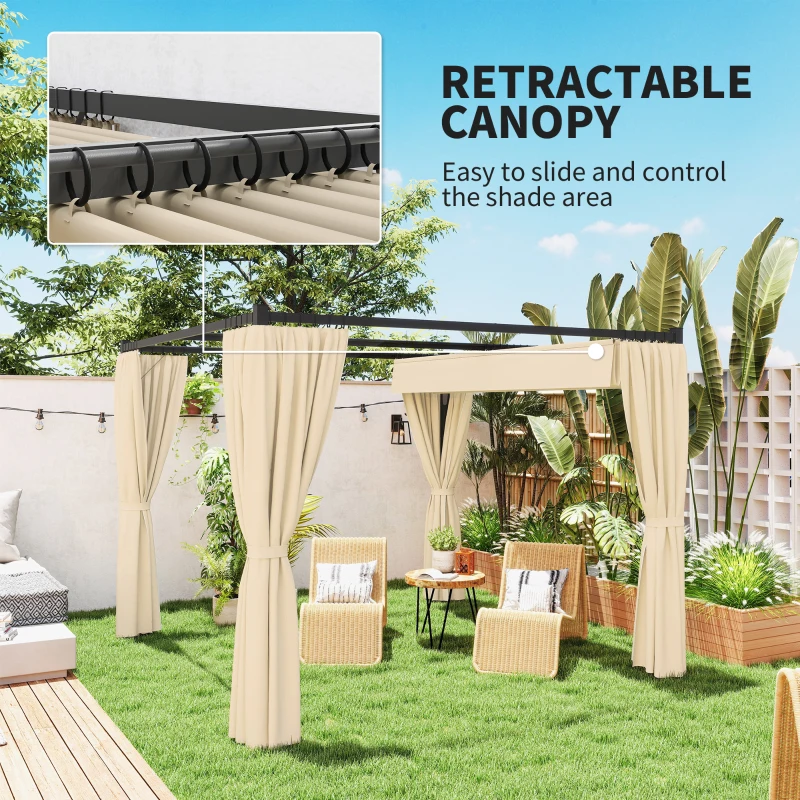 Outsunny 3 x 3m Retractable Roof Pergola, with Curtains - Khaki