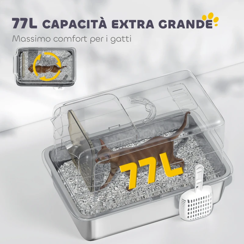 PawHut Lettiera per Gatti Chiusa con Vassoio in Acciaio, Paletta e Sacchetti Filtranti, in PP, 40.5x60.5x41.5 cm