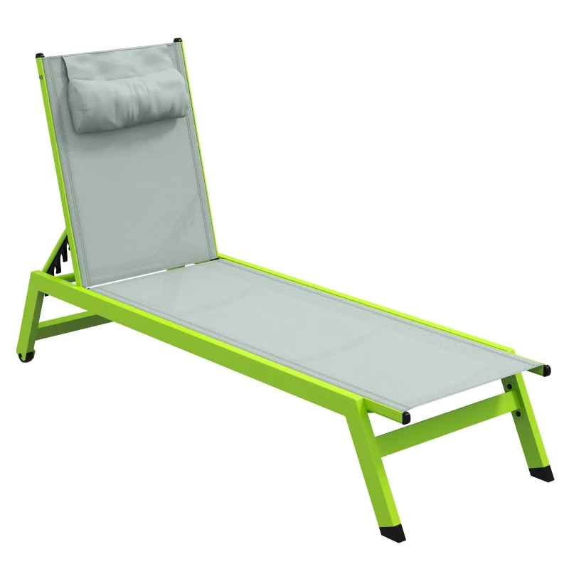 Outsunny Bain de soleil transat en aluminium et textilène avec roulettes et repose-tête dossier inclinable vert