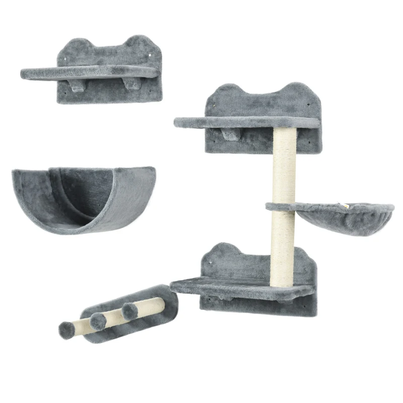 PawHut Kletterwand-Set für Katzen, Hängematte, Kratzbrett, Sprungplattformen, Plüsch, Sisal, Grau