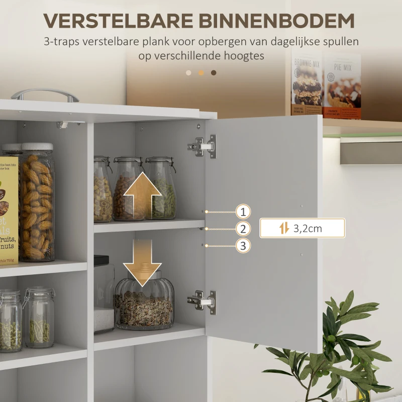 HOMCOM Keukenkast, Buffet, 3 Laden, 3 Planken, Veel Opbergruimte, 89x39,5x168cm, Wit(m-5)
