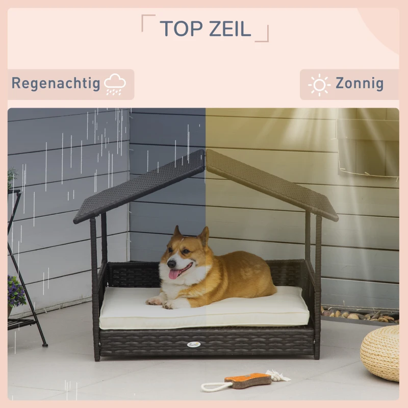 Pawhut Rotan hondenhok hondenbed met kussen in de vorm van een huis hondenhok voor buiten stalen frame PP(m-7)