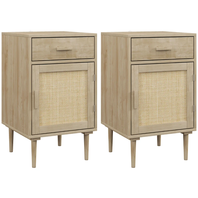 Lot de 2 tables de chevet avec placard et étagère porte rotin tissé 1 tiroir design bohème - 40 x 40 x 68,5 cm naturel