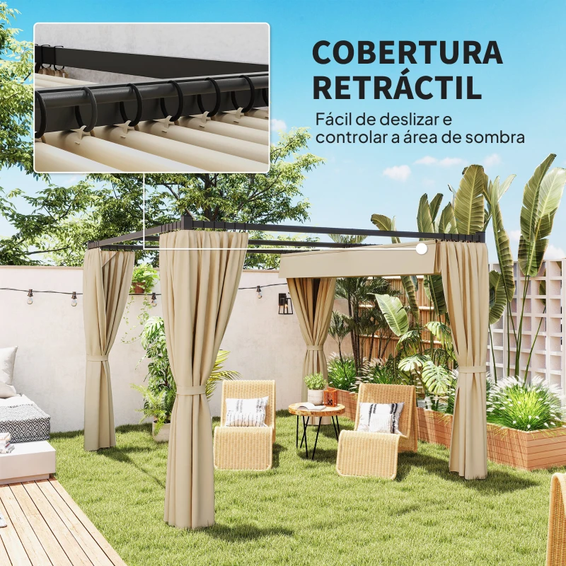 Outsunny Pérgola de Jardim 3x3 m Pérgola para Exterior com Teto e Paredes Laterais Retráteis Impermeável para Terraço Pátio Bege