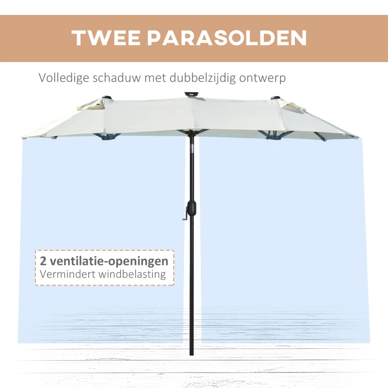 Outsunny dubbele zonwering, terrasscherm, kantelbaar, met zonnepaneel, 35 LED's, stalen frame, beige, 2,95 x 1,50 x 2,19 m