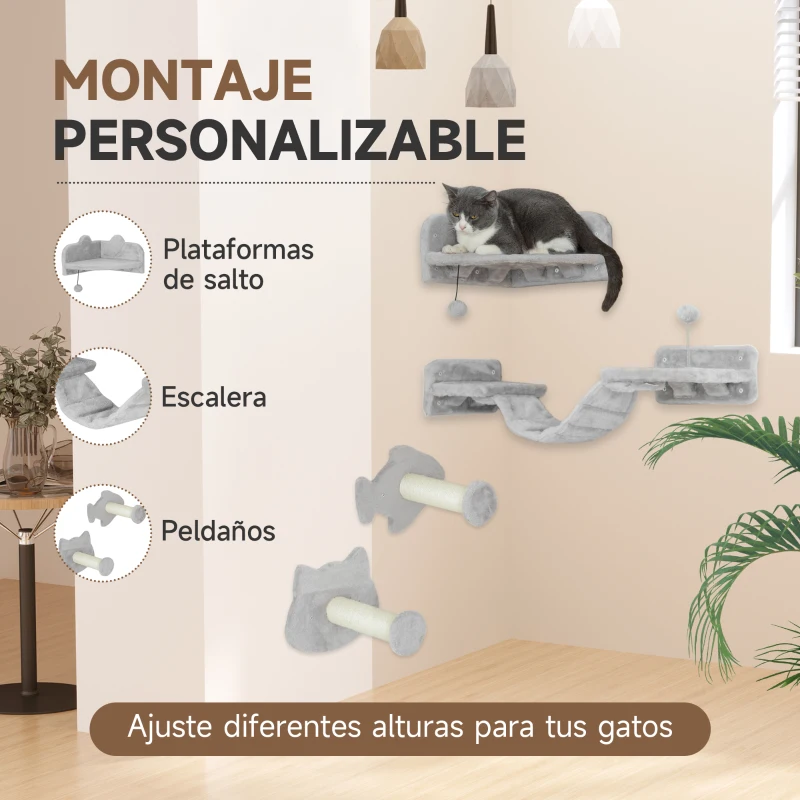 PawHut Juego de Pared de Escalada para Gatos con Postes de Sisal Plataforma Doble con Escalera y 1 Plataforma para Saltar Gris