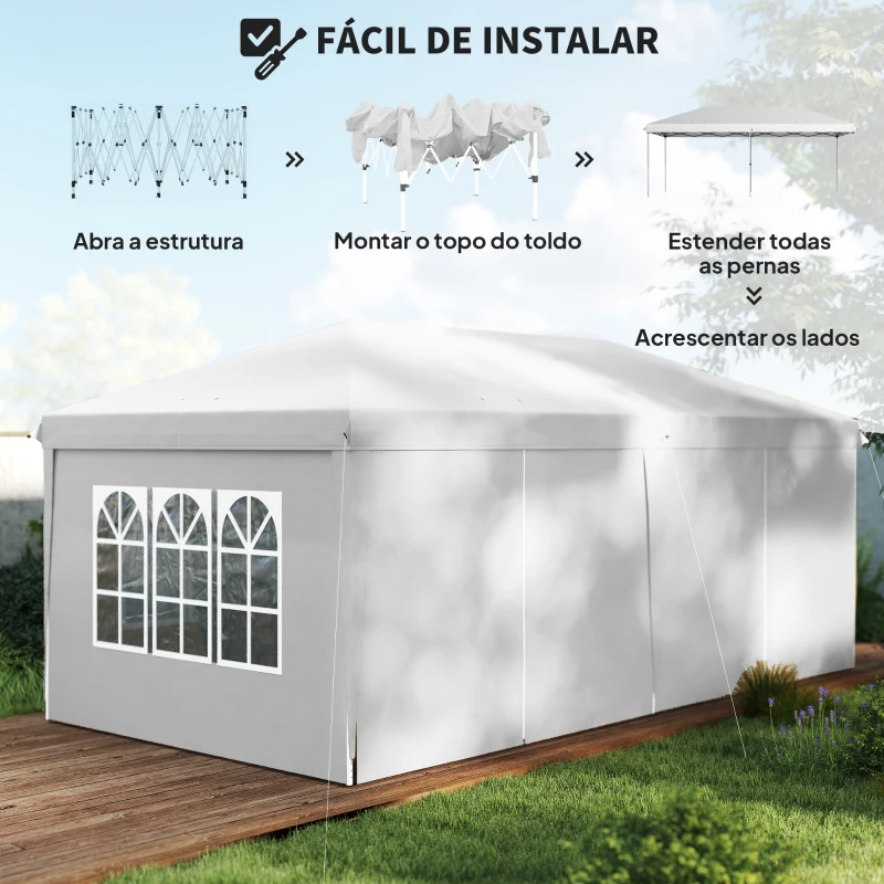 Outsunny Tenda para Festas 585x295x270 cm com Paredes Laterais Amovíveis 2 Portas com Zíper 4 Janelas e Bolsa de Transporte Branco