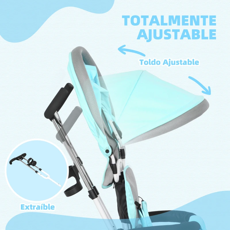 HOMCOM Triciclo Evolutivo para Niños de 1-5 Años con Toldo Plegable Mango Telescópico y Cinturón de Seguridad Verde Mint