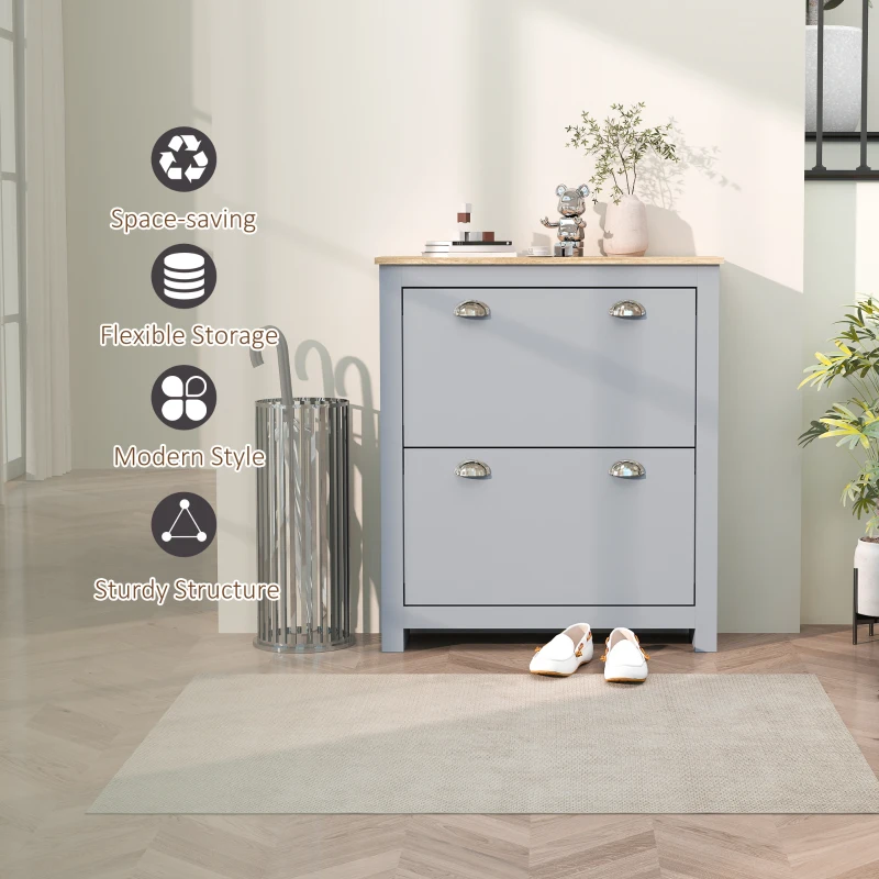 HOMCOM 2 Drawer Shoe Cabinet Modern Narrow Shoe Cupboard Hallway Wooden Storage Organiser with Flip Doors Adjustable Shelf for 6-12 Pairs, Grey