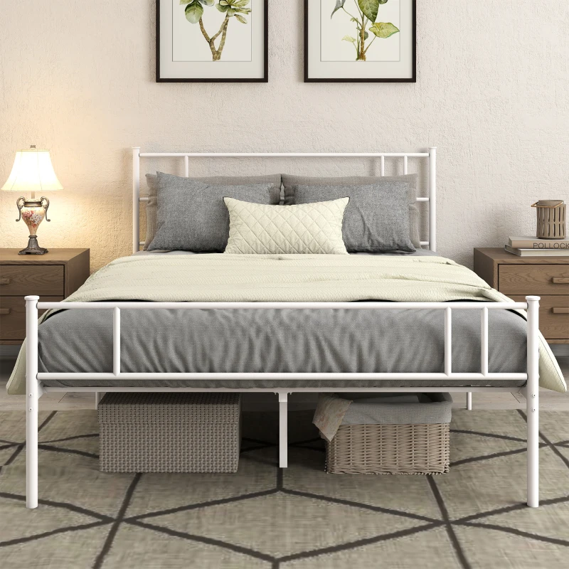 HOMCOM Double Metal Bed Frame Solid Bedstead Base with Headboard and Footboard, Metal Slat Support and Underbed Storage Space, Bedroom Furniture, White