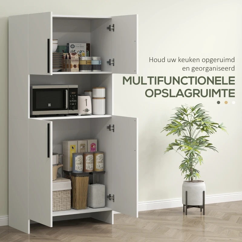 HOMCOM Keukenkast, Voorraadkast voor Keuken, Woonkamer, Eetkamer, Kasten, Rekken, Magnetronplank, Spaanplaat, Wit(m-4)