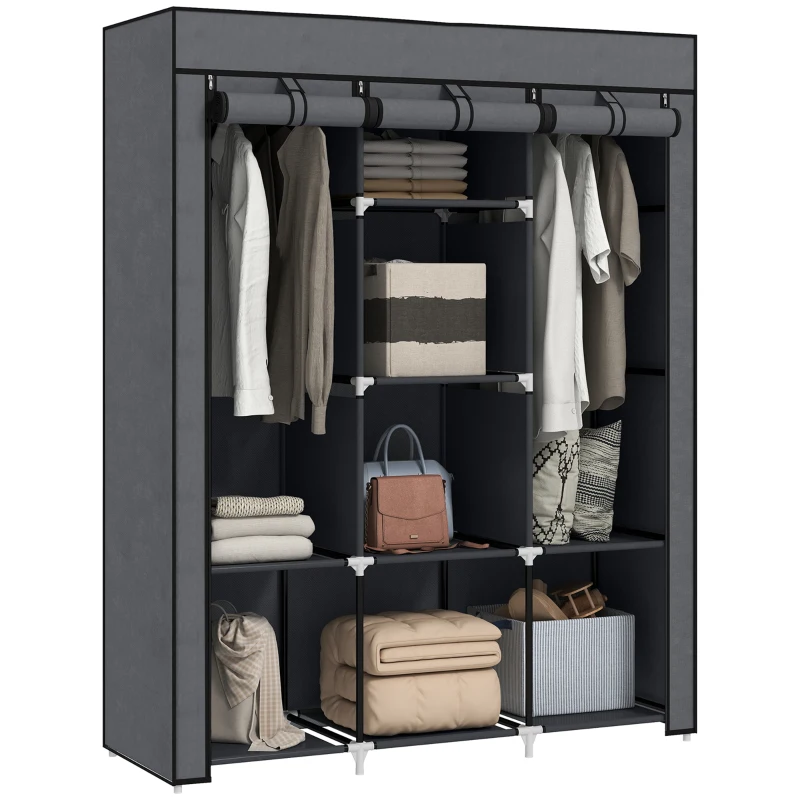 HOMCOM Fabric Wardrobe, with Rails and Shelves - Dark Grey