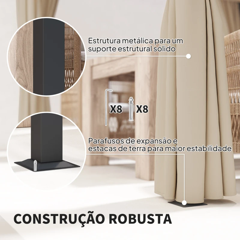 Outsunny Pérgola de Jardim 3x3 m Pérgola para Exterior com Teto e Paredes Laterais Retráteis Impermeável para Terraço Pátio Bege