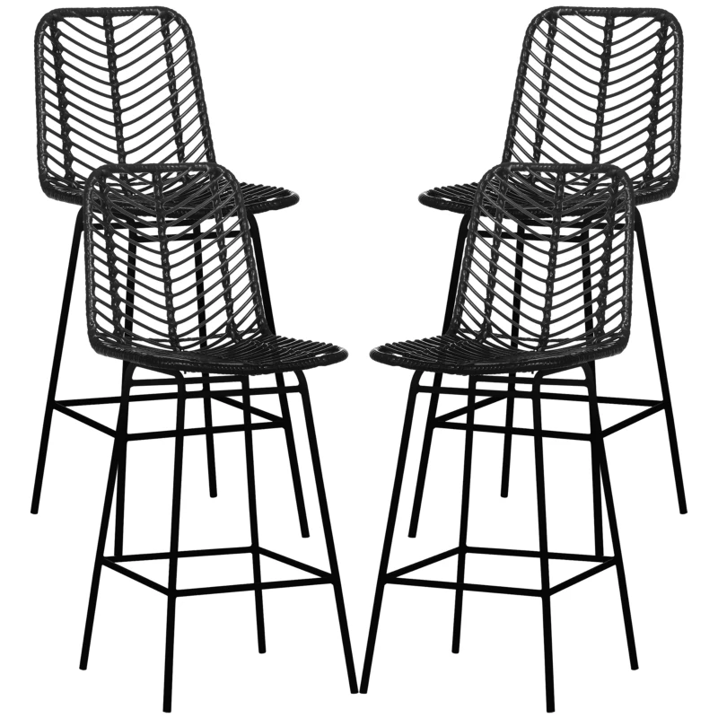 HOMCOM Lot de 4 tabourets de bar design bohème hauteur 66 cm avec repose-pieds métal et rotin PE - noir