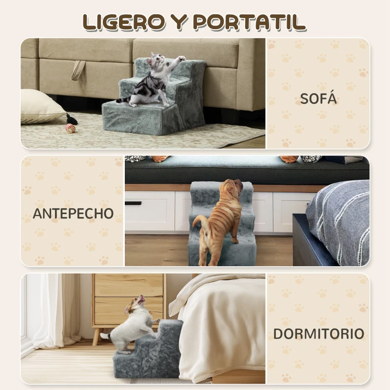 PawHut Escalera para Perros de 3 Peldaños con Funda Extraíble y Lavable para Mascotas Mayores para Cama Sofá 46x35x35 cm Gris