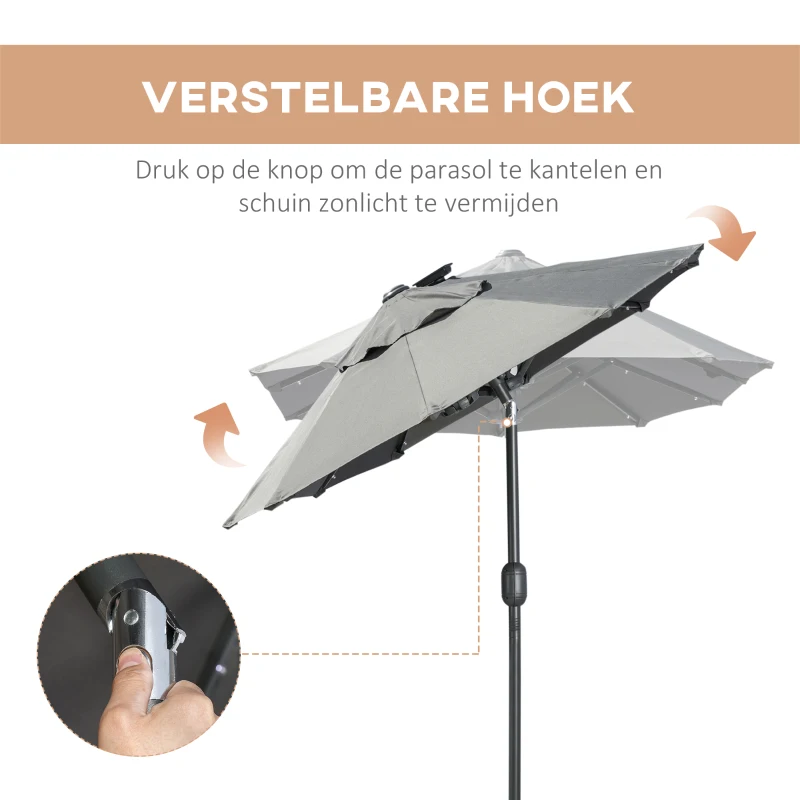 Outsunny dubbele zonwering, terrasscherm, kantelbaar, met zonnepaneel, 35 LED's, stalen frame, grijs, 2,95 x 1,50 x 2,19 m