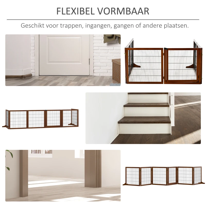 PawHut Hondenveiligheidshek, Opvouwbaar, Grenenhout, 432 x 36 x 70 cm, in Koffiekleur(m-6)
