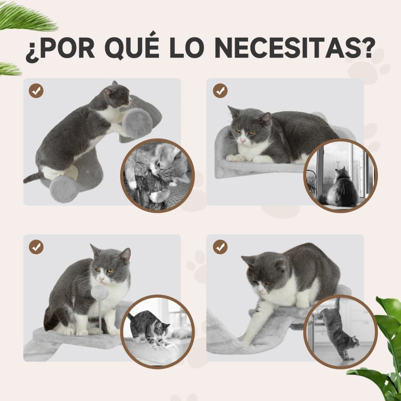 PawHut Juego de Pared de Escalada para Gatos con Postes de Sisal Plataforma Doble con Escalera y 1 Plataforma para Saltar Gris