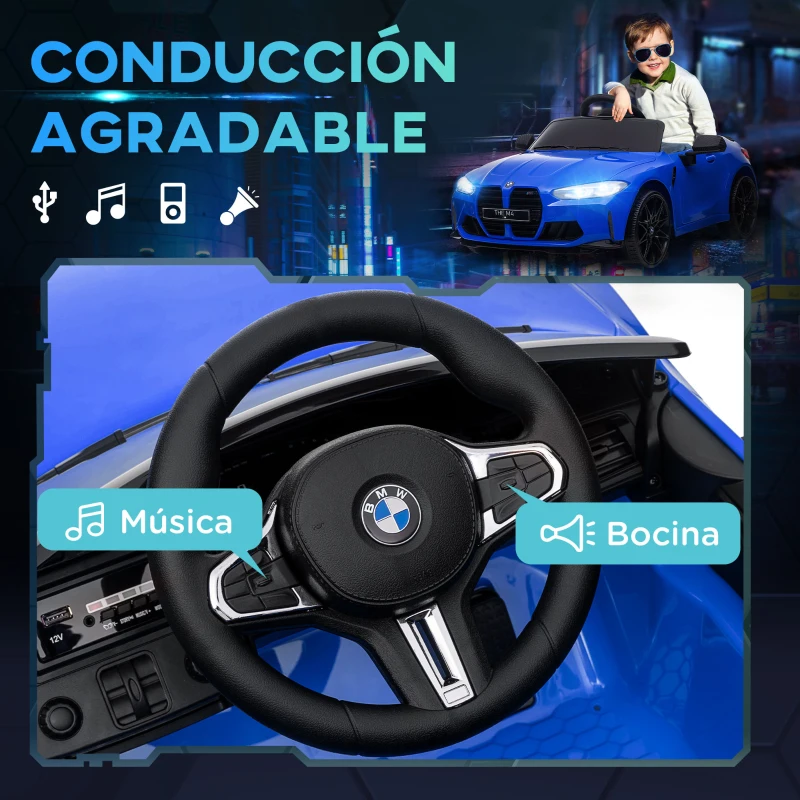 AIYAPLAY Coche de Batería para Niños 12V BMW M4 con Mando a Distancia Faros Bocina Música Velocidad 3-5 km/h Azul