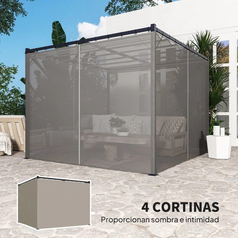 Outsunny Cenador para Exterior 3x3 m con Paredes Laterales y Techo Retráctil Marco Metálico Impermeable para Terraza Gris