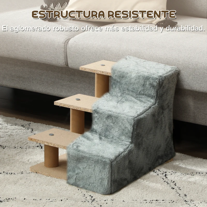 PawHut Escalera para Perros de 3 Peldaños con Funda Extraíble y Lavable para Mascotas Mayores para Cama Sofá 46x35x35 cm Gris