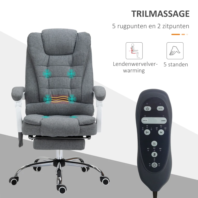 Vinsetto Ergonomische Massagestoel, 6 Vibratiepunten, Verstelbare Rugleuning, 360° Draaistoel, Grijs(m-4)