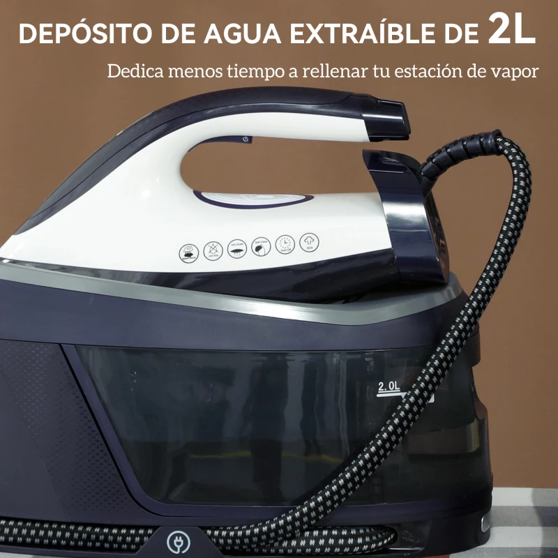 HOMCOM Centro de Planchado 2800W 100 g/min Función ECO Suela de Cerámica Doble Capa Antical Depósito Extraíble 2 L Azul