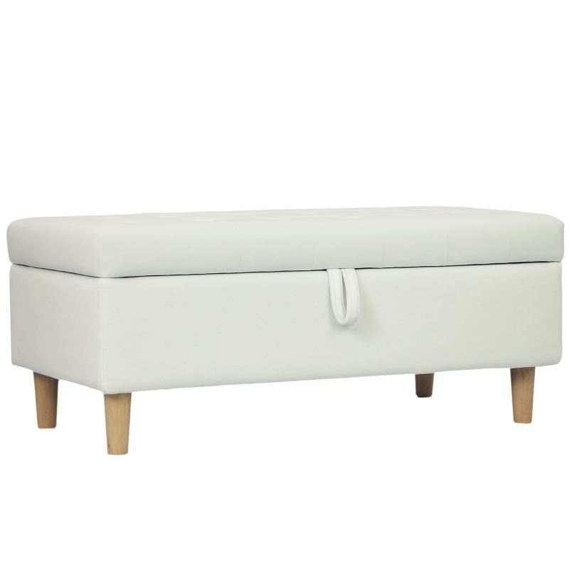 HOMCOM Pouf Contenitore Baule Rivestito in Velluto con Gambe in Legno Capacità 71L 100x50x43 cm Bianco Crema