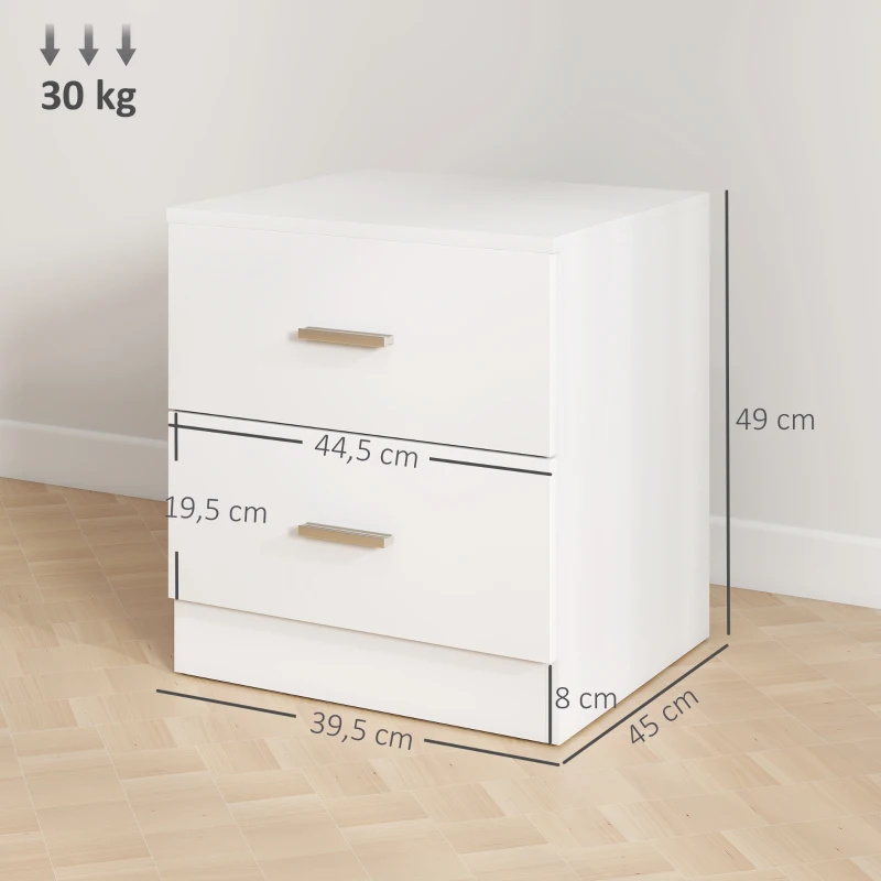 HOMCOM Mesilla de Noche con 2 Cajones Mesita Auxiliar para Salón Dormitorio Carga 30 kg 45x39,5x49 cm Blanco