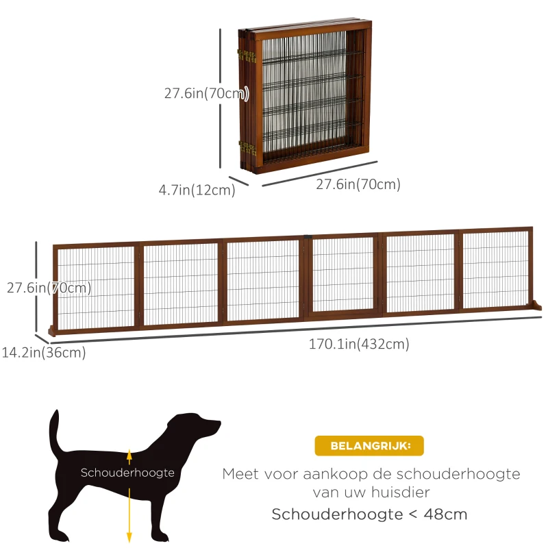 PawHut Hondenveiligheidshek, Opvouwbaar, Grenenhout, 432 x 36 x 70 cm, in Koffiekleur(m-3)