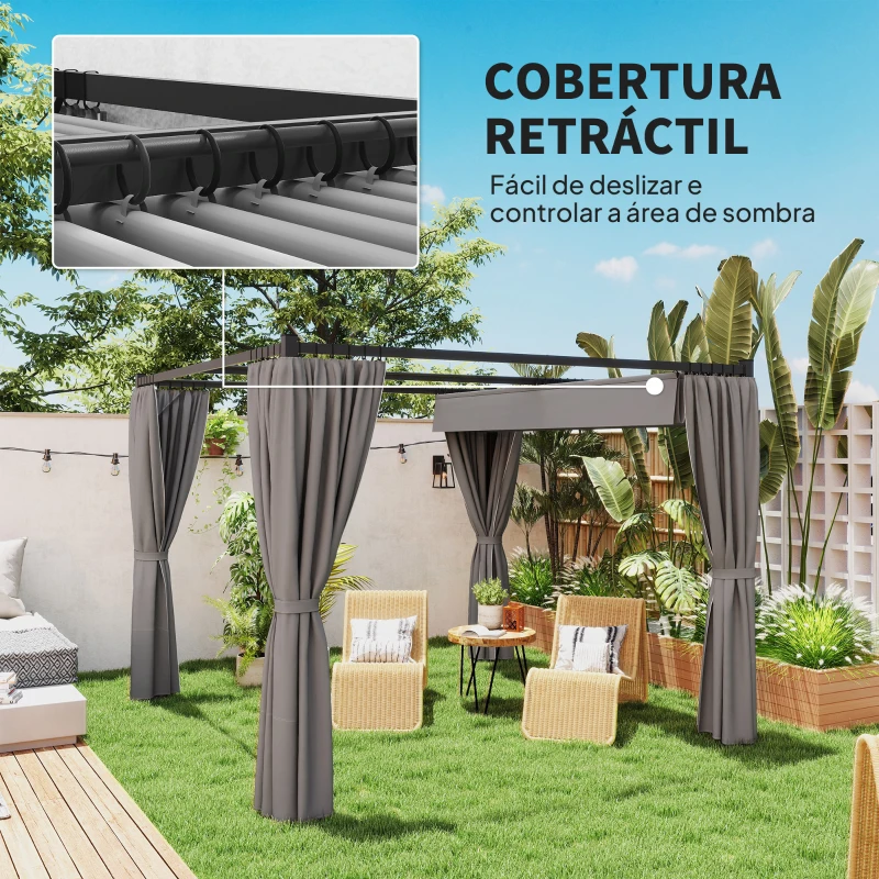 Outsunny Pérgola de Jardim 3x3 m Pérgola para Exterior com Teto e Paredes Laterais Retráteis Impermeável para Terraço Pátio Cinza
