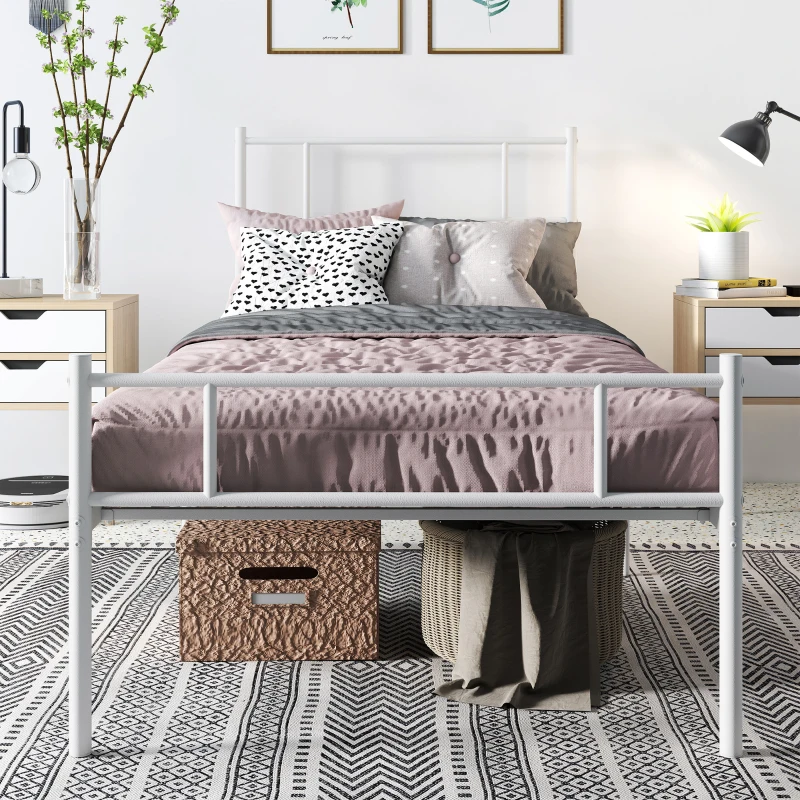 HOMCOM Single Bed Frame, Metal Bed Base with Headboard and Footboard, Metal Slat Support and 31cm Underbed Storage Space
