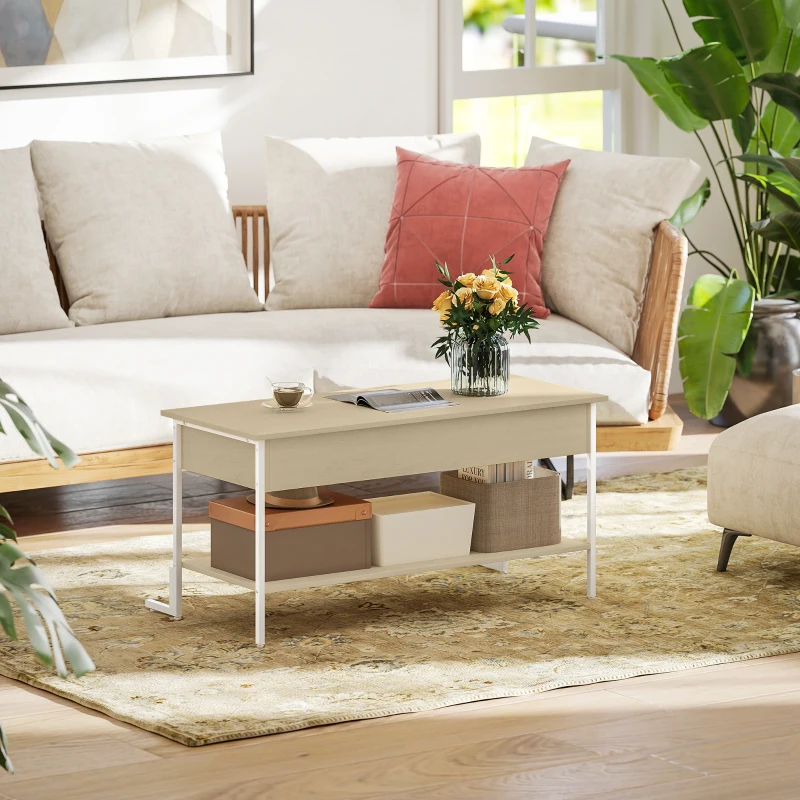 HOMCOM Table Basse Relevable avec Fermeture Douce Espace Caché de Rangement et Étagère Ouverte 95x40x59 cm Naturel et Blanc