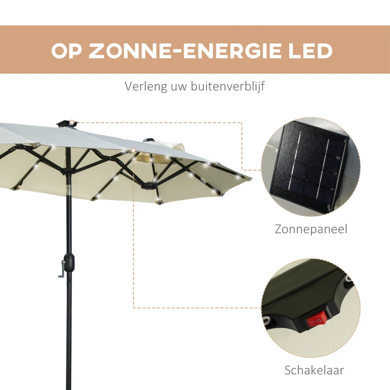 Outsunny dubbele zonwering, terrasscherm, kantelbaar, met zonnepaneel, 35 LED's, stalen frame, beige, 2,95 x 1,50 x 2,19 m