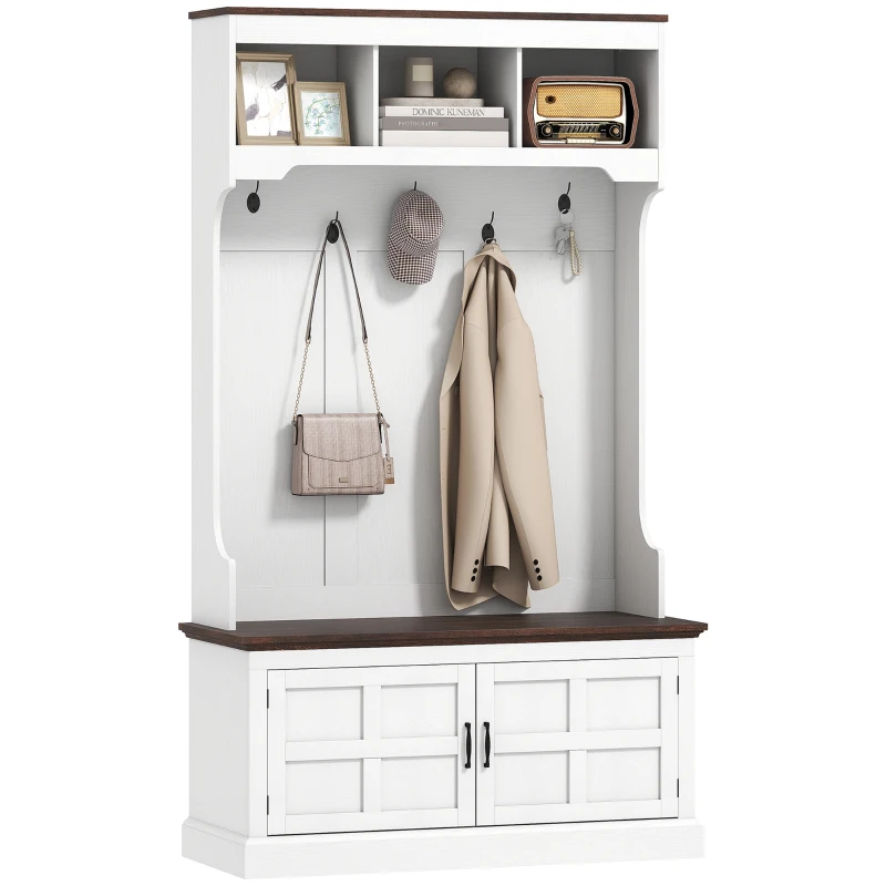 HOMCOM Perchero Zapatero con Banco Zapatero Ganchos Estantes y Compartimentos para Entrada Pasillo Salón 105x40x180 cm Blanco