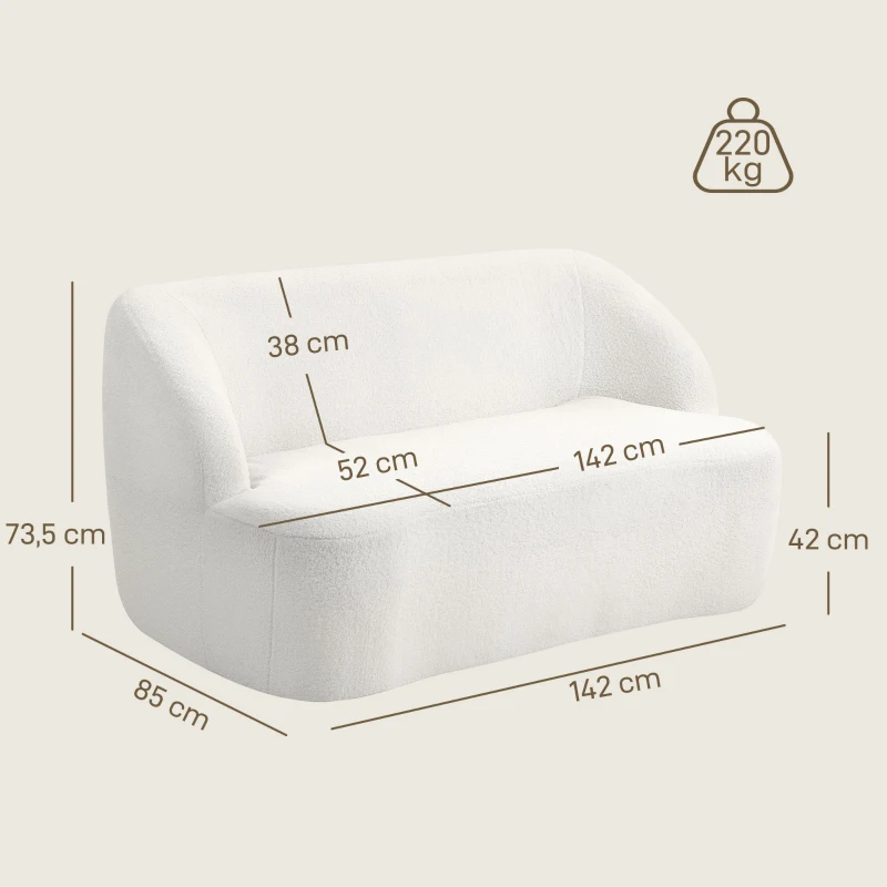 HOMCOM 2-Sitzer-Sofa, geschwungenes Design, Polstersofa mit Fleece-Bezug, für Wohnzimmer, Schlafzimmer, Homeoffice, Cremeweiß(m-3)