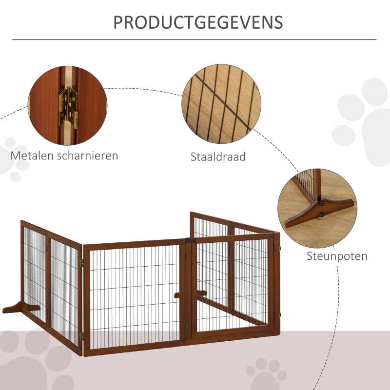 PawHut Hondenveiligheidshek, Opvouwbaar, Grenenhout, 432 x 36 x 70 cm, in Koffiekleur(m-5)