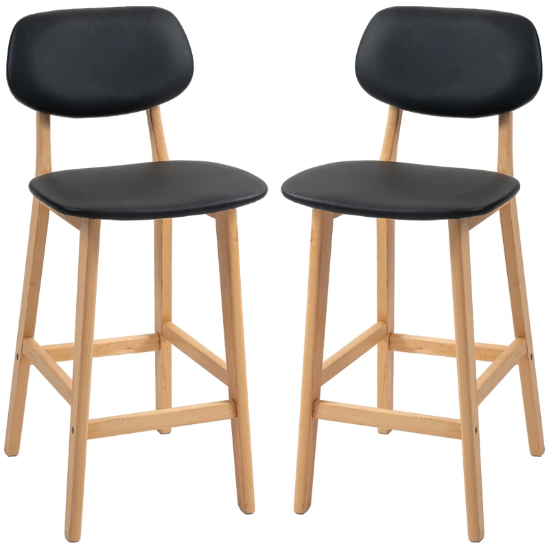 HOMCOM Set of 2 bar stools, high chairs, synthetic upholstery with backs and wooden legs, black