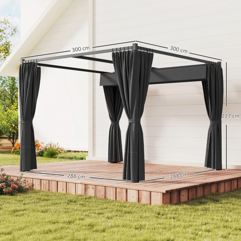 Outsunny 3 x 3(m) Retractable Pergola, Garden Gazebo Shelter with Curtains, for Grill, Patio, Deck, Charcoal Grey