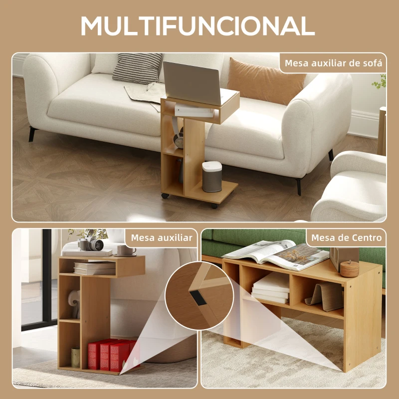 HOMCOM Mesa Auxiliar para Sofá Mesa Auxiliar en Forma de C con Ruedas Compartimentos Abiertos 40x30x69 cm Roble