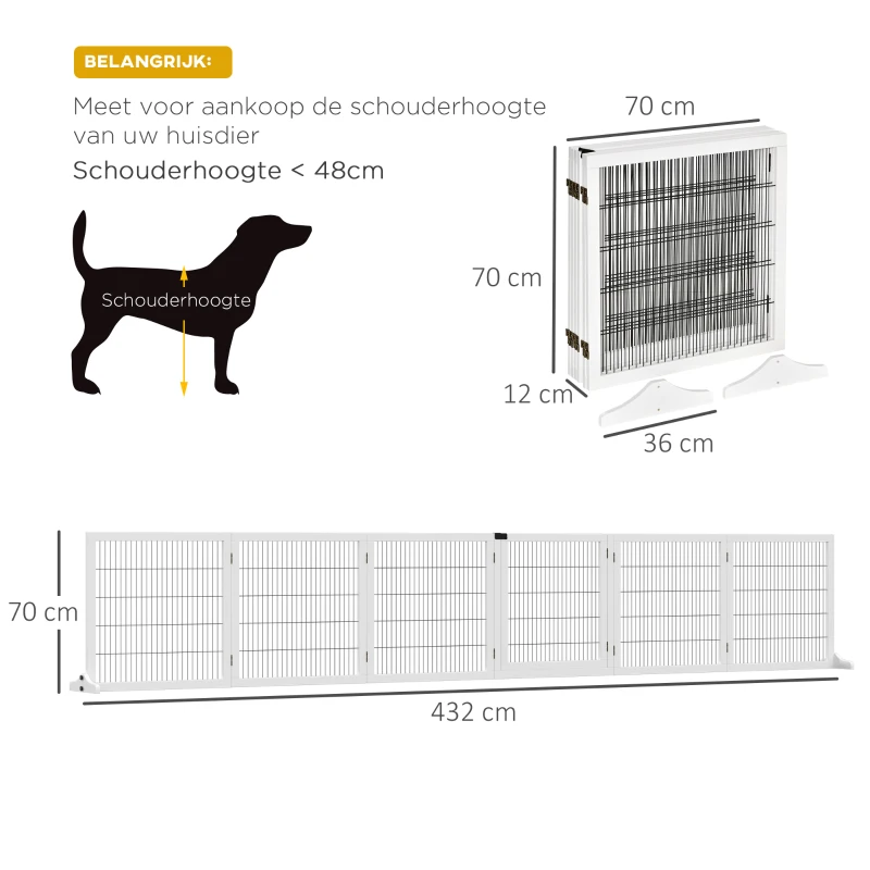 PawHut Veiligheidshek voor Honden, Opvouwbaar, 432 x 36 x 70 cm, Dennenhout, Wit(m-3)