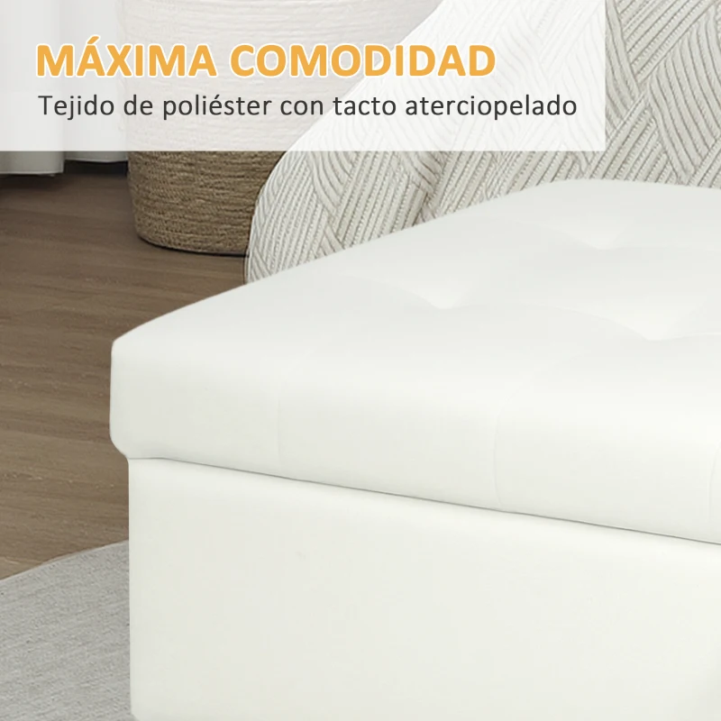 HOMCOM Banco de Almacenamiento Baúl Tapizado de Terciopelo con Patas de Madera Capacidad 71L 100x50x43 cm Blanco Crema
