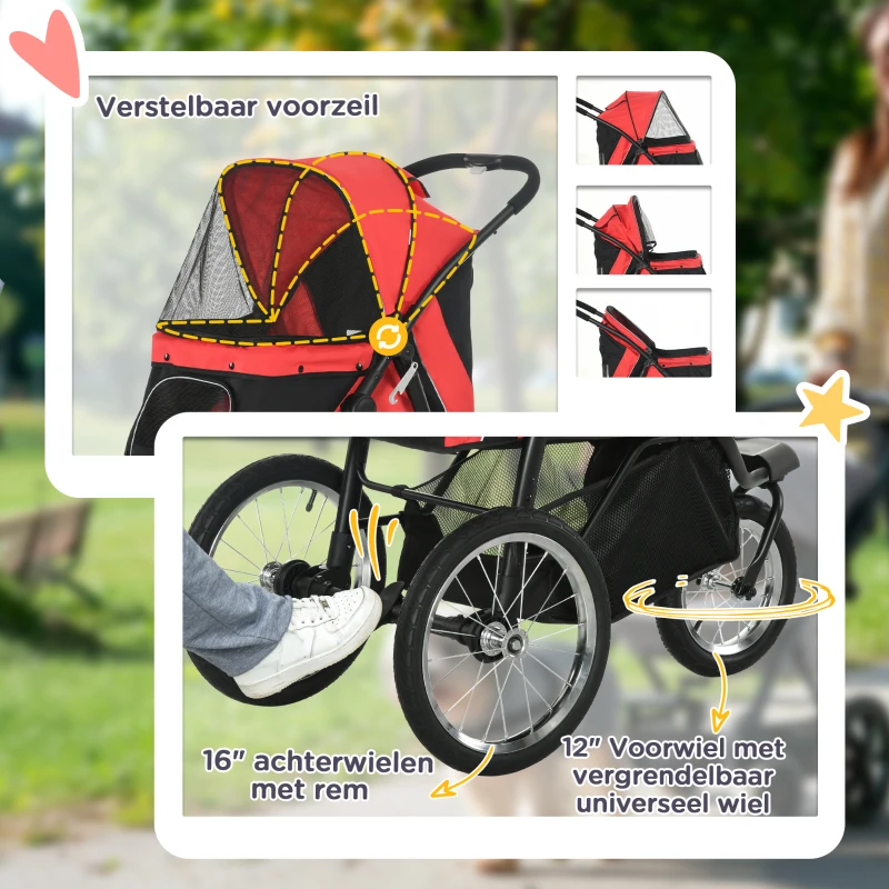 PawHut Opvouwbare hondenwagen met zonbescherming, netvensters en opbergmand - Rood, 111 x 58 x 107 cm(m-5)
