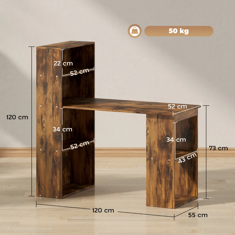 HOMCOM 120cm Computer Desk, Wooden PC Laptop Table with 6-Tier Storage Bookshelves, Home Office Working Study Desk, Writing Workstation, Rustic Brown Wood-Effect